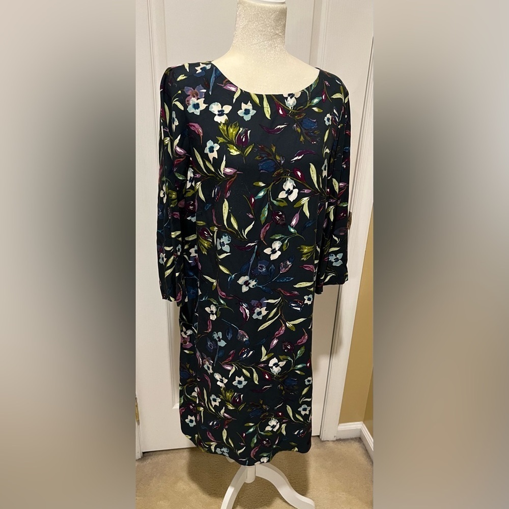 J Jill Womens Navy Blue Floral Print Scoop Neck Stretch Shift Dress large